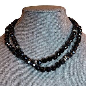 VTG Faceted Black Glass Beaded Wrap Necklace W/Channel Set Pave Crystal Necklace